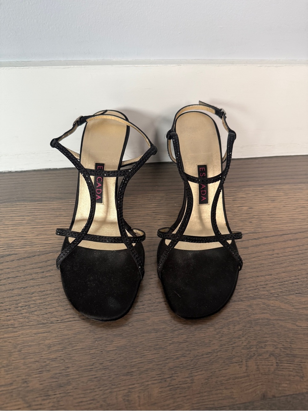 Escada Black Strappy T‑Strap Heeled Sandals